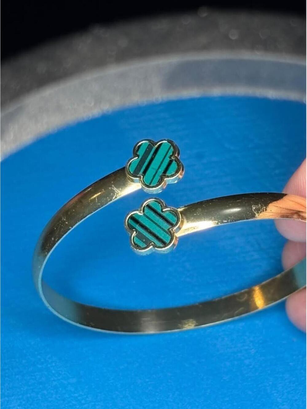 Gold Tone Green Clover Cuff Bracelet